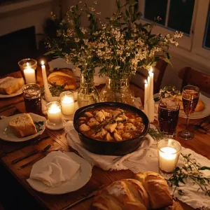 A cozy dinner table with Nicole’s slow cooker chicken stew as the centerpiece.