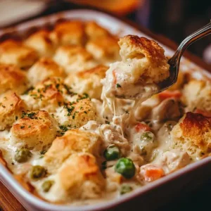 Baking dish being filled with chicken and vegetable mixture, with biscuit topping being added.