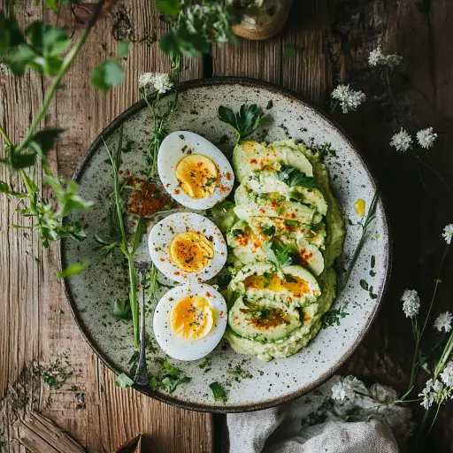 Avocado stuffed eggs with creamy filling garnished with paprika and fresh herbs on a rustic table.