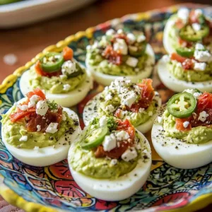 Platter of avocado stuffed eggs with various toppings like jalapeños, smoked salmon, and feta cheese.
