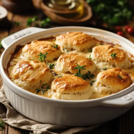 Rustic Chicken Cobbler in a ceramic dish with golden biscuit topping and creamy filling, garnished with fresh herbs.