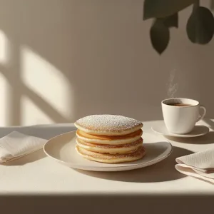 A stack of pancakes dusted with powdered sugar on a white plate, surrounded by a cup of coffee and morning elements.