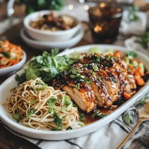 Family-style honey garlic chicken on a platter with side dishes, creating a warm dining atmosphere.