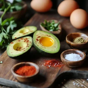Fresh avocado and boiled eggs with spices on a cutting board in a cozy kitchen setting.