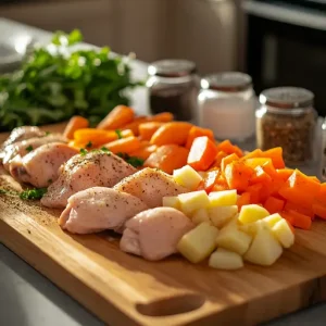 Ingredients for Nicole’s slow cooker recipe arranged on a wooden cutting board.