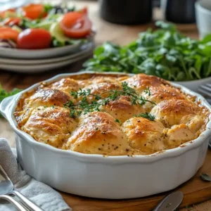 Golden Chicken Cobbler in a white ceramic baking dish, garnished with fresh herbs.