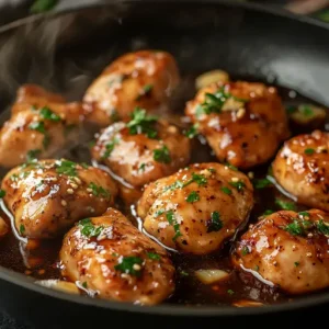 Golden-brown honey garlic chicken cooking in a skillet with a glossy sauce and fresh garlic.