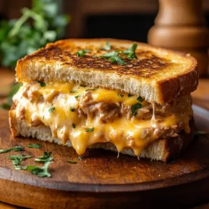 Golden-brown cheesy tuna melt sandwich with melted cheese on a wooden plate in a cozy kitchen setting.