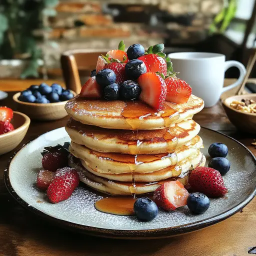 A stack of fluffy pancakes topped with fresh strawberries and blueberries, drizzled with maple syrup, surrounded by breakfast items.