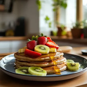 Healthy pancakes with whole wheat flour, topped with bananas, strawberries, kiwi, and honey in a bright kitchen setting.