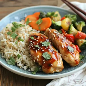 "Honey garlic chicken served with rice and roasted vegetables, garnished with sesame seeds and parsley.