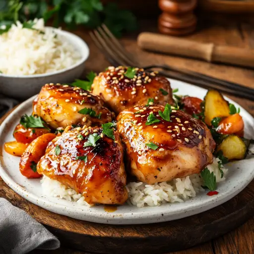 Golden-brown honey garlic chicken glazed with shiny sauce, garnished with parsley and sesame seeds, served with rice and vegetables.