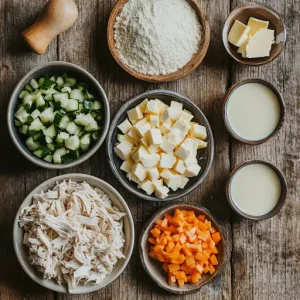 Fresh ingredients for Chicken Cobbler, including chicken, vegetables, milk, flour, and butter, arranged on a rustic wooden table.