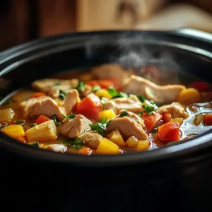 Chicken and vegetables cooking in a slow cooker with bubbling broth.