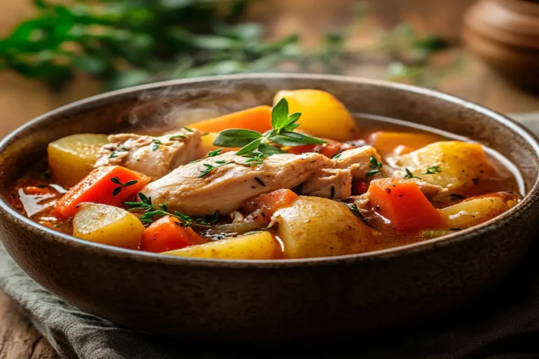 Slow cooker chicken stew with vibrant vegetables and fresh herbs on a rustic wooden table.