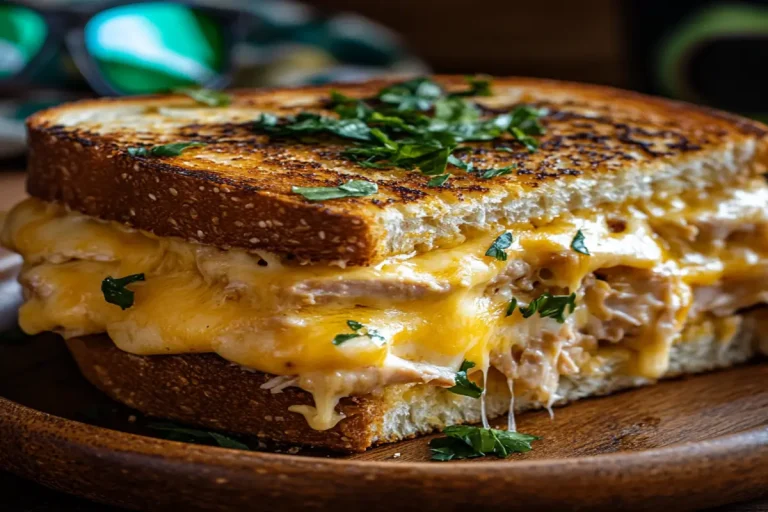 Golden-brown cheesy tuna melt sandwich with melted cheese dripping, served on a wooden plate, evoking nostalgia with subtle retro elements.