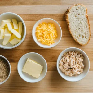 Flat-lay of tuna melt ingredients: canned tuna, shredded cheese, bread slices, and butter on a wooden counter.