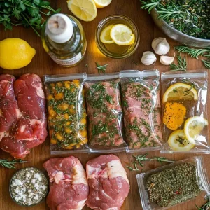 Marinated meat being prepped for freezing on a kitchen countertop with fresh herbs, garlic, and spices.