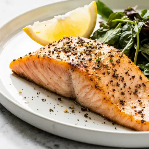 Air fryer lemon-pepper salmon with lemon wedges and herbs on a plate