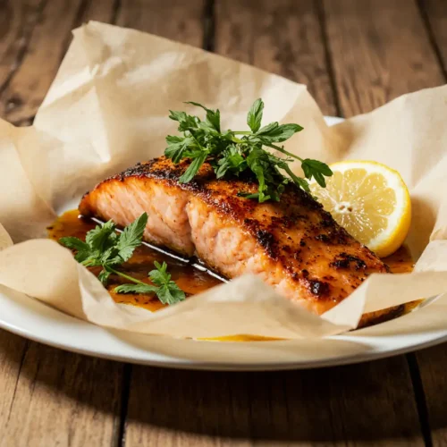 Baked salmon in parchment with lemon and herbs on white paper, ready to serve