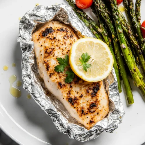 Grilled flounder in foil with lemon, herbs, and asparagus on a plate