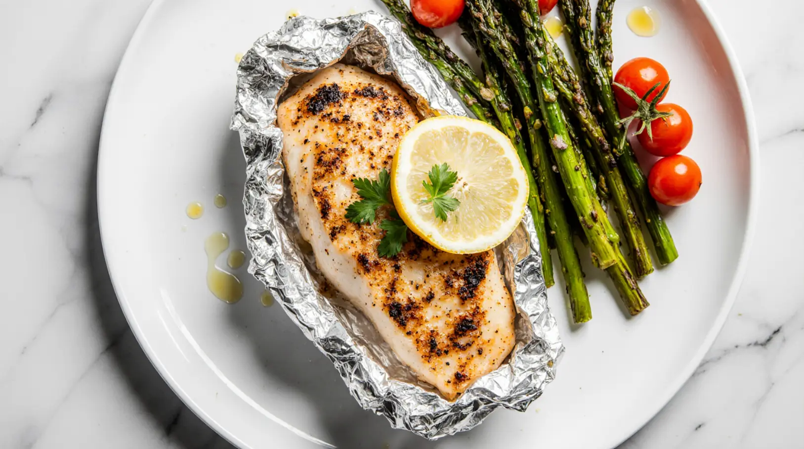 Grilled flounder in foil with lemon, herbs, and asparagus on a plate