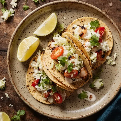 Healthy Mahi Mahi tacos with ginger-lime sauce on tortillas