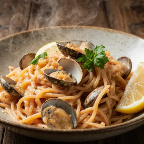 Bowl of linguine with white clam sauce topped with parsley and lemon wedge on a rustic plate.