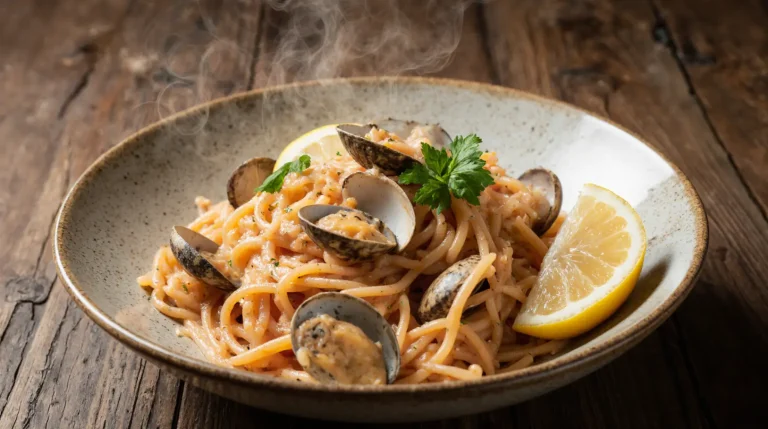 Bowl of linguine with white clam sauce topped with parsley and lemon wedge on a rustic plate.