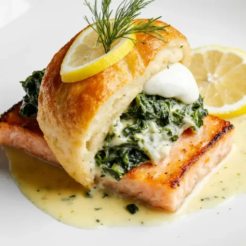 Salmon en croûte wrapped in golden puff pastry with spinach on lemon-dill sauce