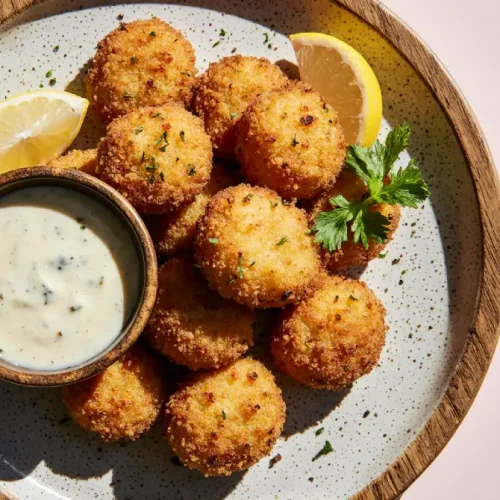Golden brown salmon croquettes made with canned salmon, crispy on the outside and tender inside, served with fresh lemon wedges and dipping sauce on a white plate.