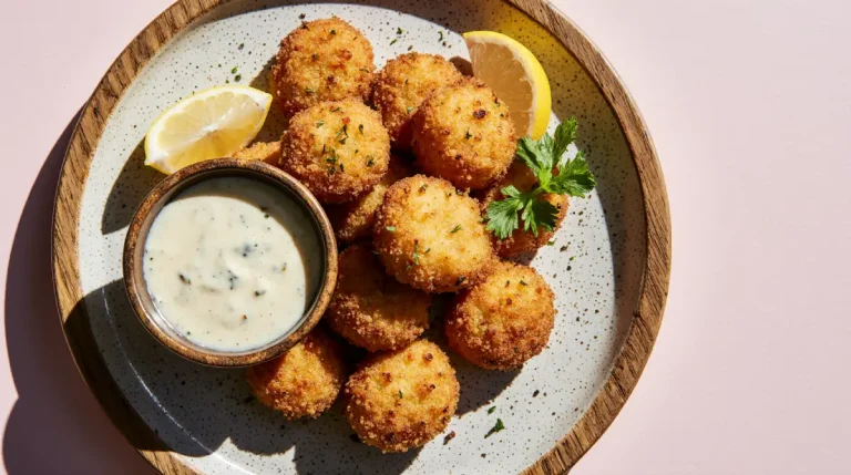 Golden brown salmon croquettes made with canned salmon, crispy on the outside and tender inside, served with fresh lemon wedges and dipping sauce on a white plate.