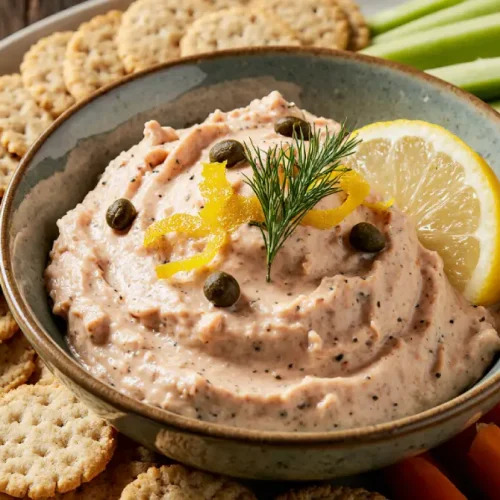 Creamy smoked salmon dip garnished with fresh dill, lemon zest, and capers, served with crackers and vegetable sticks on a rustic wooden table.