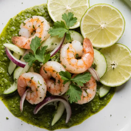 Fresh Aguachile Verde with raw shrimp, green chili-lime sauce, cucumber, red onion, and cilantro, served on a rustic plate, styled for Mexican cuisine photography