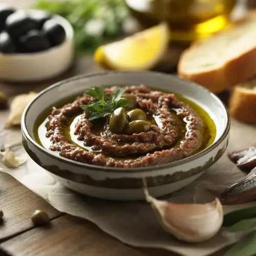 Anchovy tapenade with olives and capers in a bowl