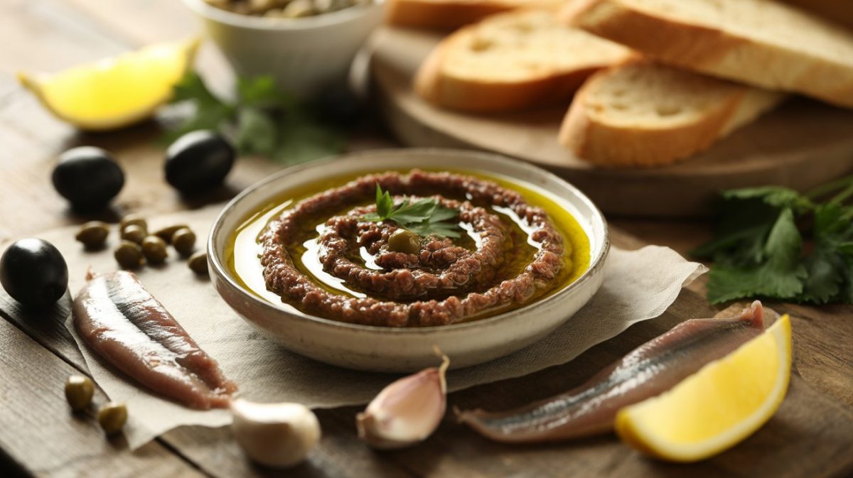 Gourmet anchovy tapenade on crostini with olives & capers