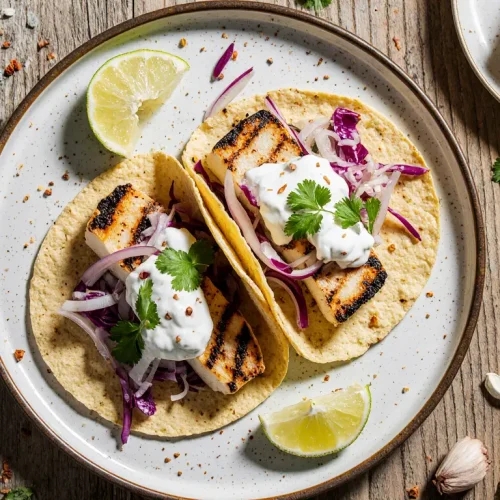 Grilled mackerel tacos with spicy yogurt sauce topped with red onion, cabbage, and fresh cilantro on corn tortillas Mediterranean and halal seafood recipe by Sabsea.com