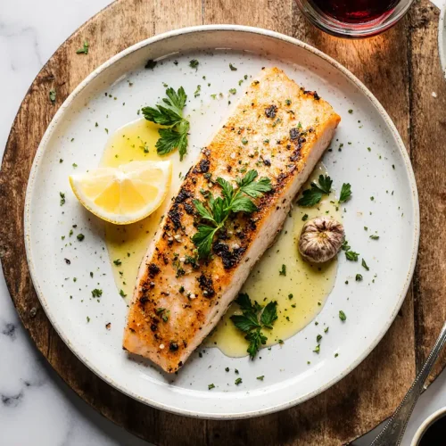 Grilled mackerel with lemon garlic butter on a white plate with herbs and lemon slices Mediterranean seafood recipe by Sabsea.com