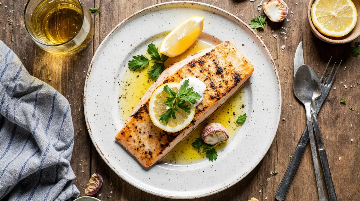 Grilled mackerel fillet being brushed with lemon garlic butter on a grill pan.