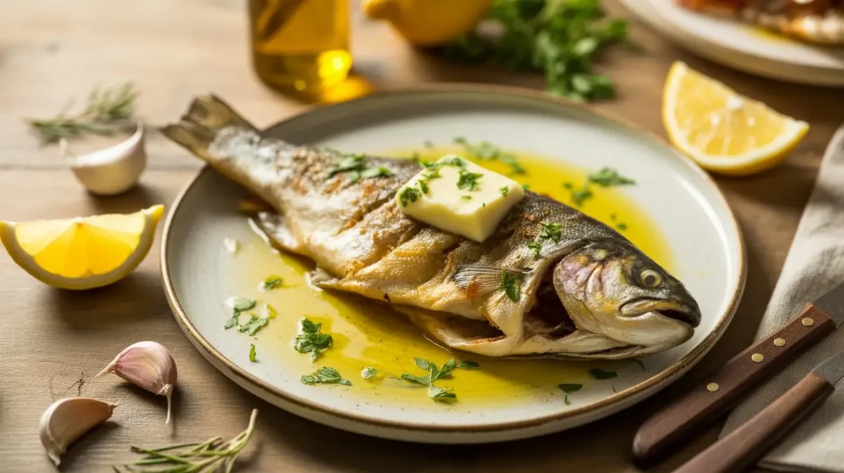 Grilled trout with lemon butter and fresh parsley on a plate