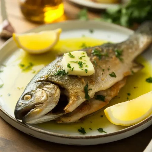 Grilled trout with lemon butter and fresh parsley on a plate