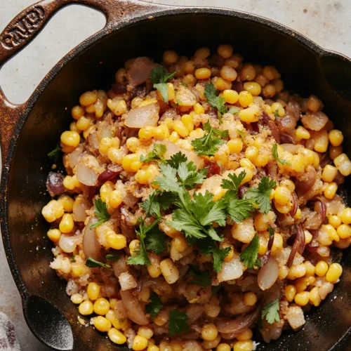 A skillet of healthy Bắp Xào (Vietnamese Stir-Fried Corn) with golden sautéed corn, garlic, onions, and garnished with fresh green onions.