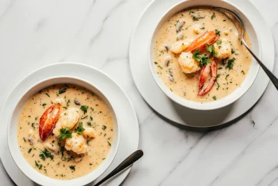 Lobster Bisque for two -creamy, rich seafood soup served in a bowl, garnished with herbs.