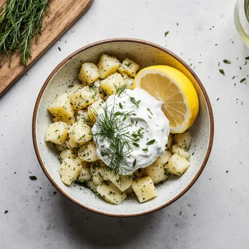 herring salad with potatoes, eggs, and Greek yogurt dressing
