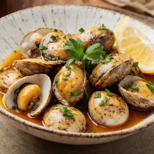 Healthy Amêijoas à Bulhão Pato served in a bowl with garlic, olive oil, fresh coriander, and lemon wedges.
