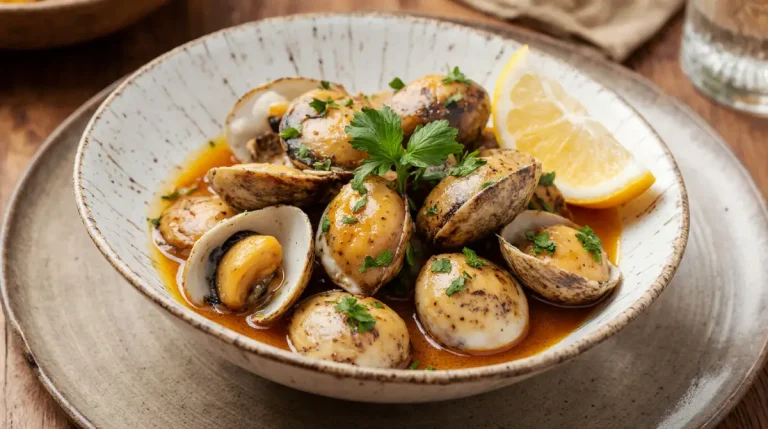 Healthy Amêijoas à Bulhão Pato served in a bowl with garlic, olive oil, fresh coriander, and lemon wedges.