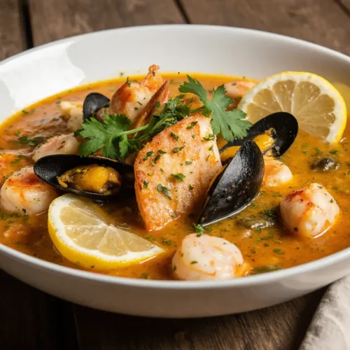 Bouillabaisse (French Fish Soup) with colorful seafood, vegetables, and saffron broth in a rustic white bowl