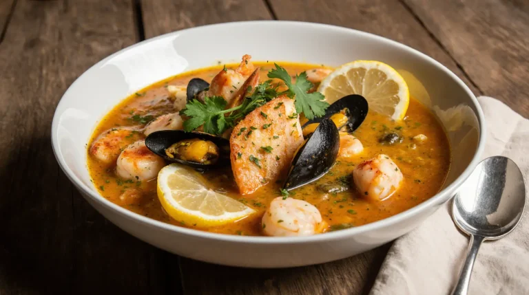 Bouillabaisse (French Fish Soup) with colorful seafood, vegetables, and saffron broth in a rustic white bowl