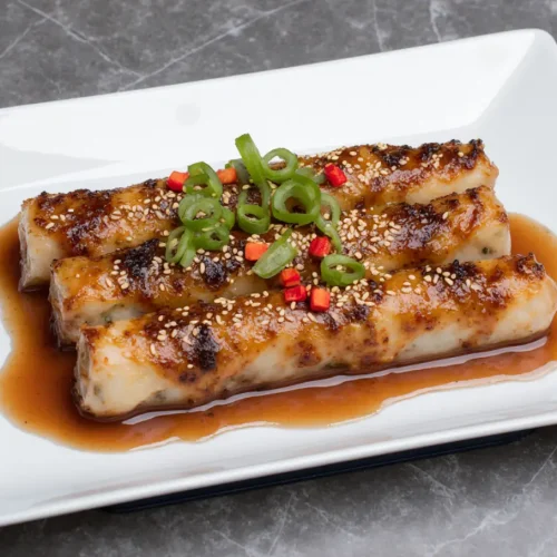 Chili Crab Stuffed Rice Noodles served on a gourmet plate with vibrant chili and fresh herbs