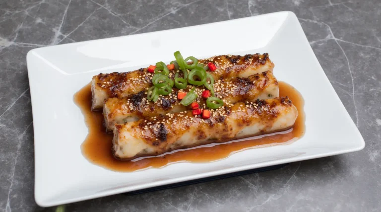Chili Crab Stuffed Rice Noodles served on a gourmet plate with vibrant chili and fresh herbs
